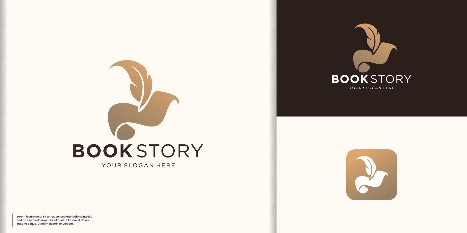 inspiración libro historia pluma logo diseño dorado color marca vector ilustración.