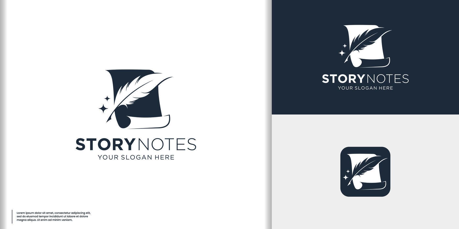 minimalist Classic book logo design with Quill feather pen handwriting in negative space shape concept. vector