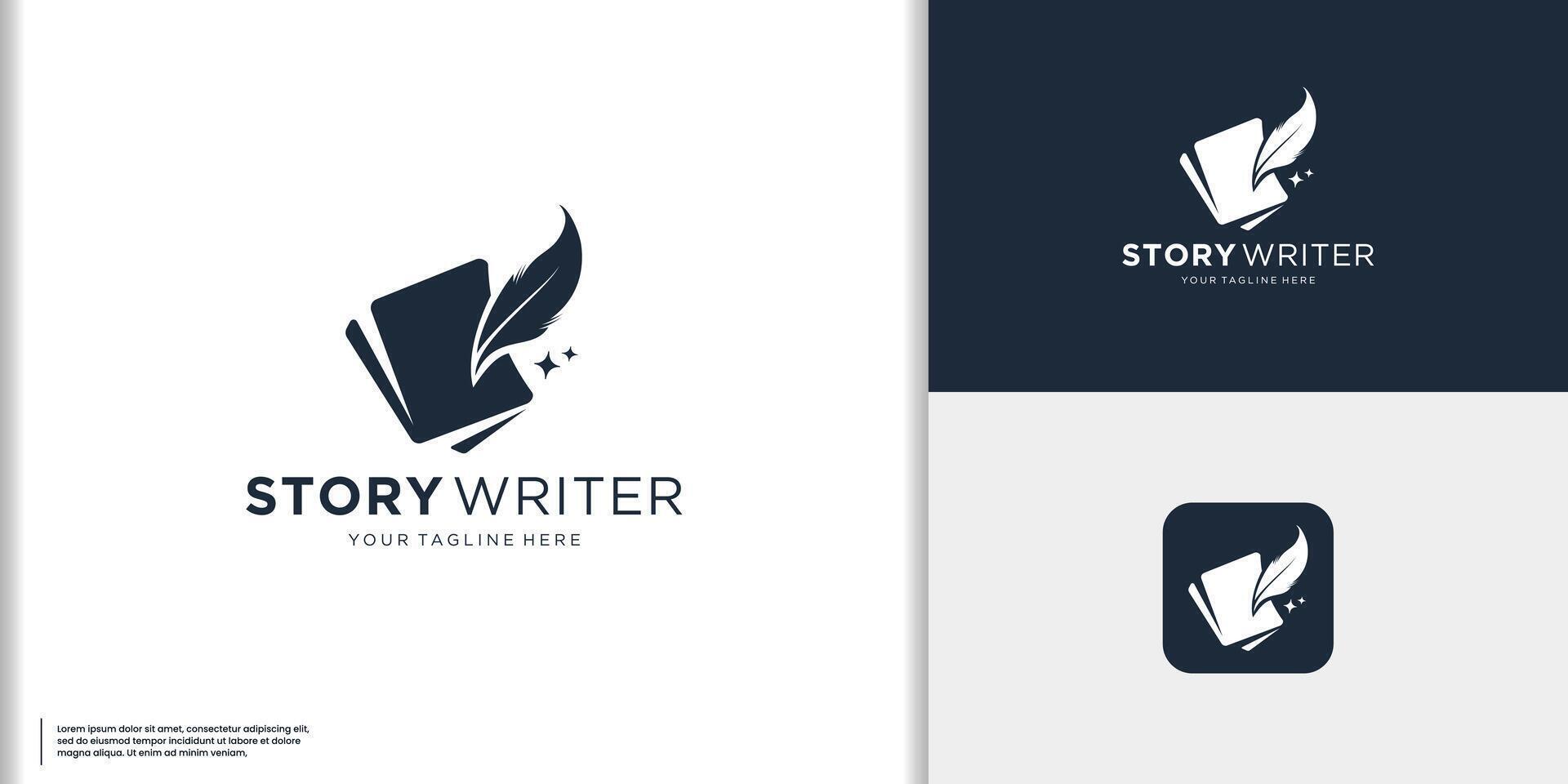 Quill pen icon with book logo design combination. Classic author Story writers  logo vector illustration.