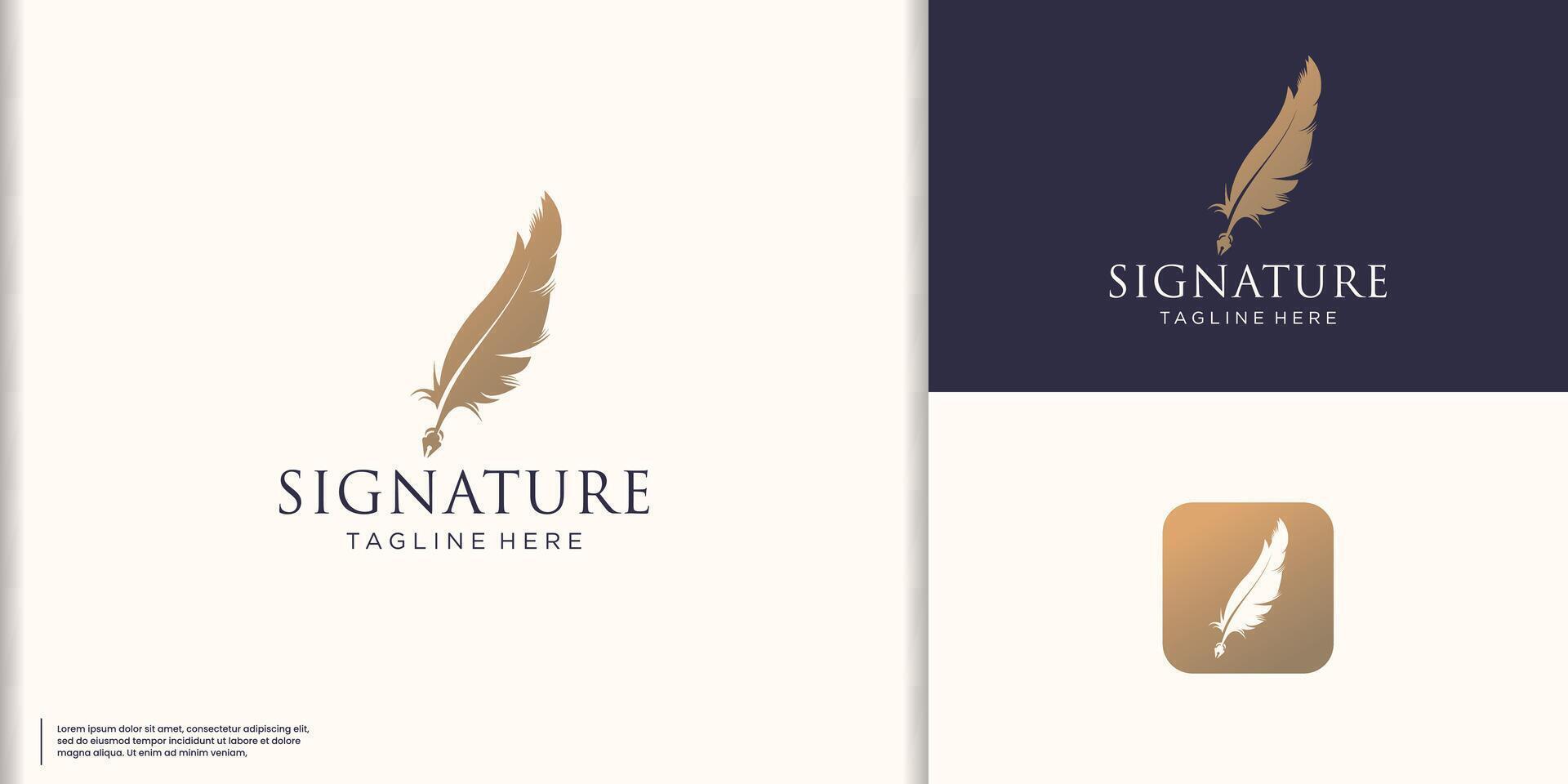 minimalist quill pen signature logo design and icon with ink linear premium gold color vector