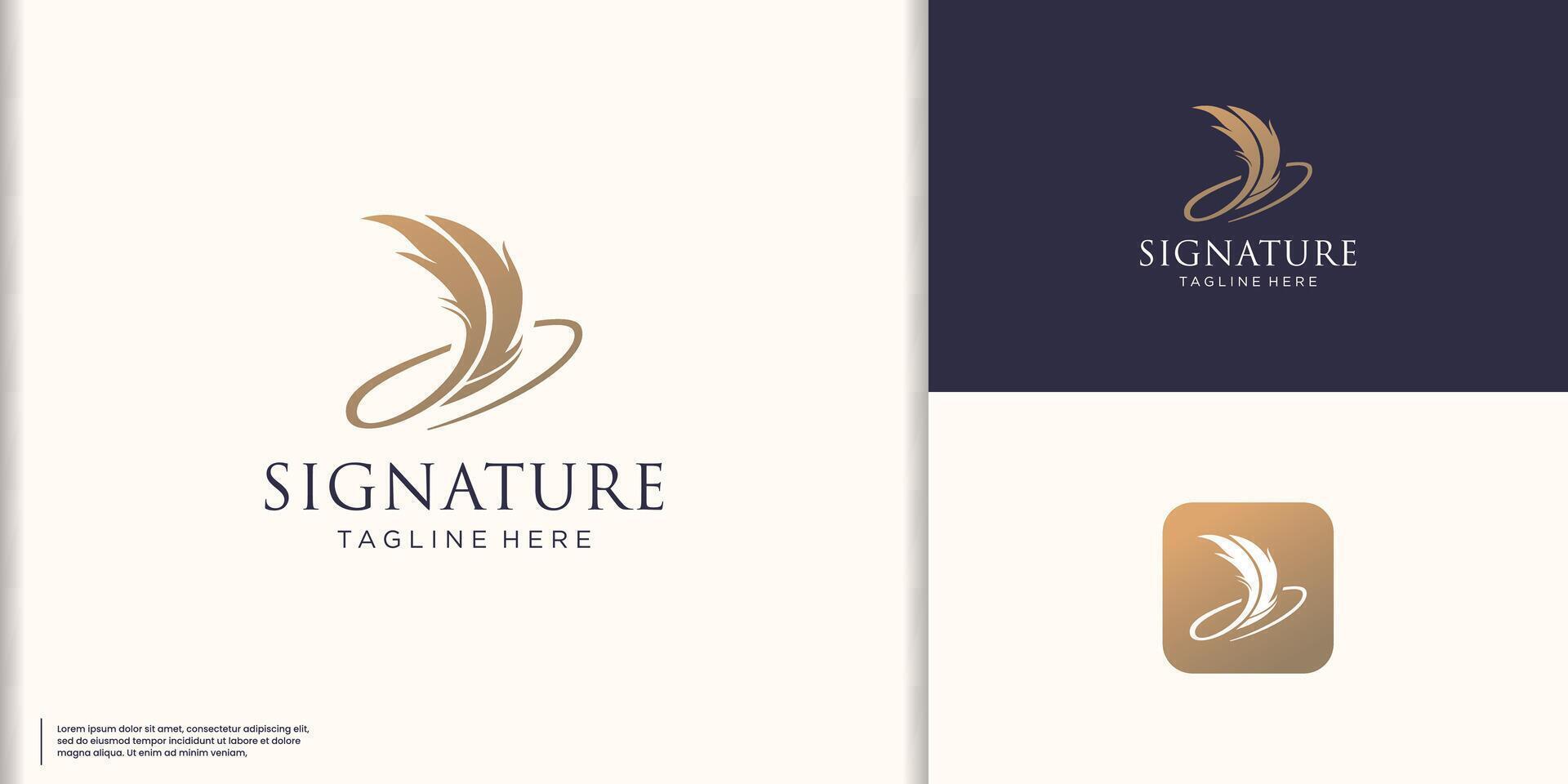 creative feather quill pen signature logo design. oval shape line style concept vector illustration