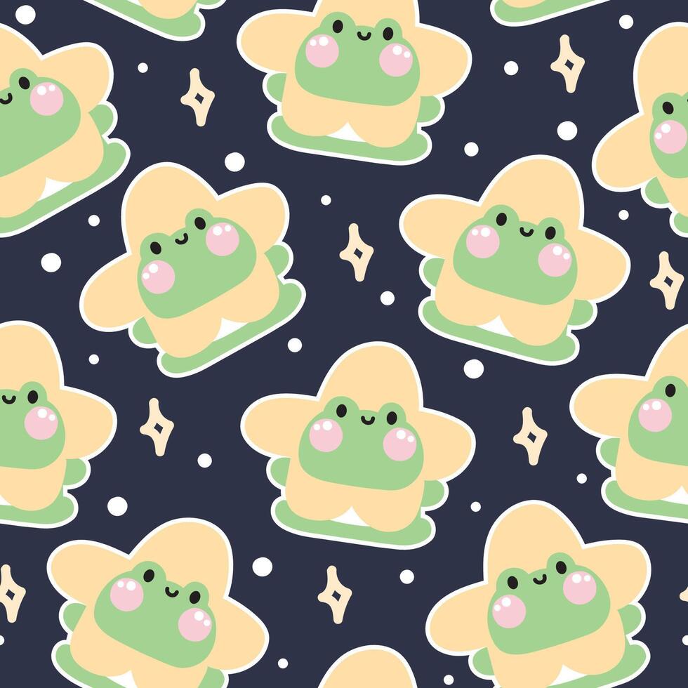 Seamless pattern of cute frog wear star shape hat mascot on dark night sky background.Reptile animal character cartoon design.Baby clothing.Print screen.Kawaii.Vector.Illustration. vector