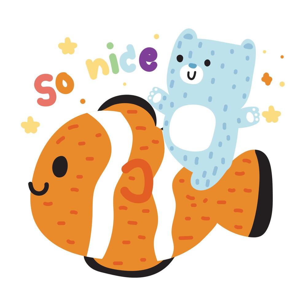 Cute polar bear soft hair sit on big fish with so nice text on white background.Sea life animal character cartoon design.Marine.Ocean.Summer.Kawaii.Vector.Illustration. vector