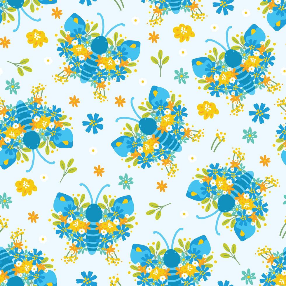 Seamless pattern of cute butterflies flower wing on blue pastel background.Spring.Nature.Floral.Animal character cartoon design.Image for card,poster,wedding.Kawaii.Vector.Butterfly.Illustration. vector