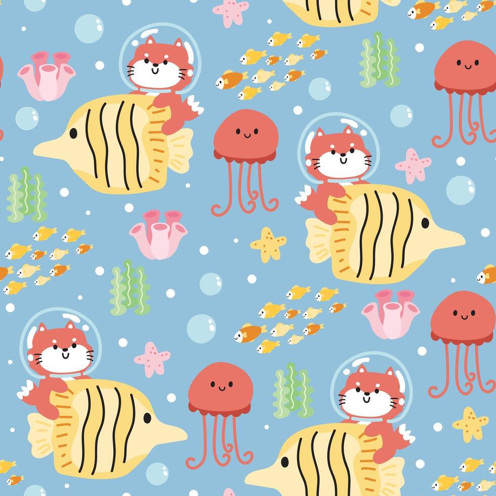 Seamless pattern of cute fox hold big fish with jellyfish in the sea coral background.Wild and sea life animal character design.Marine.Ocean.Summer.Kawaii.Vector.Illustration. vector