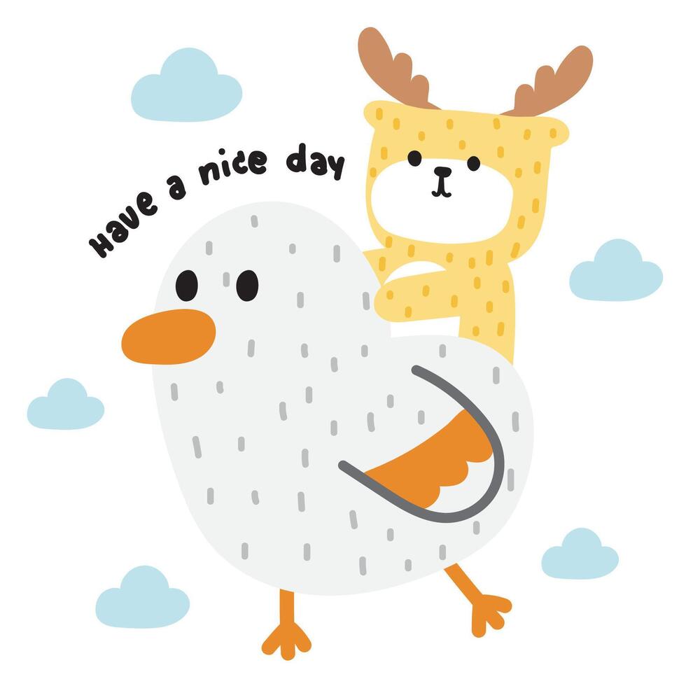 Cute deer stay on seagull soft hair with cloud on sky background.Bird and wild animal character cartoon design.Ocean.Summer.Have a nice day.Kawaii.Vector.Illustration vector