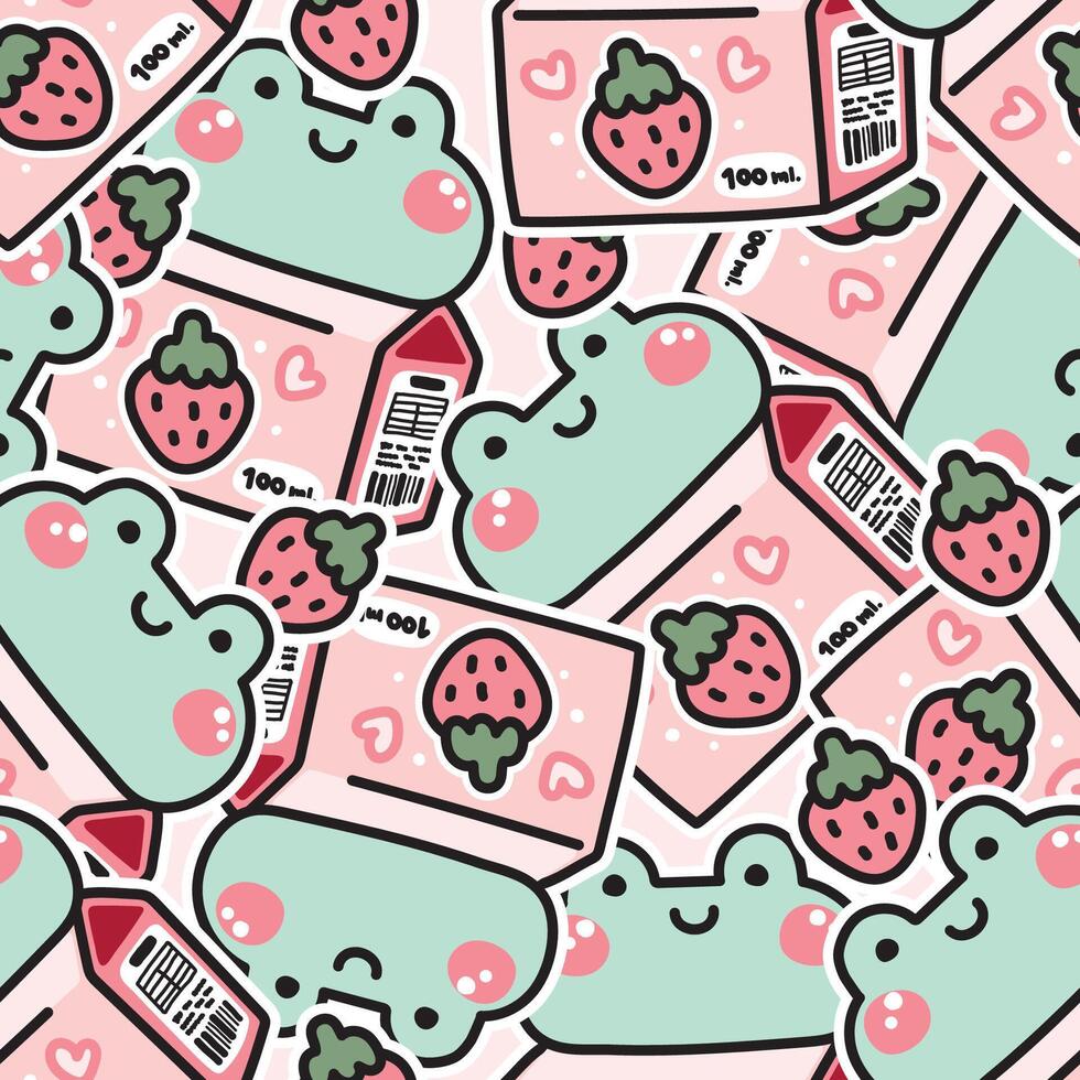Seamless pattern of cute frog head milk box with strawberry background.Reptile animal face cartoon character design.Beverage.Baby drink.Kawaii.Vector.Illustration. vector