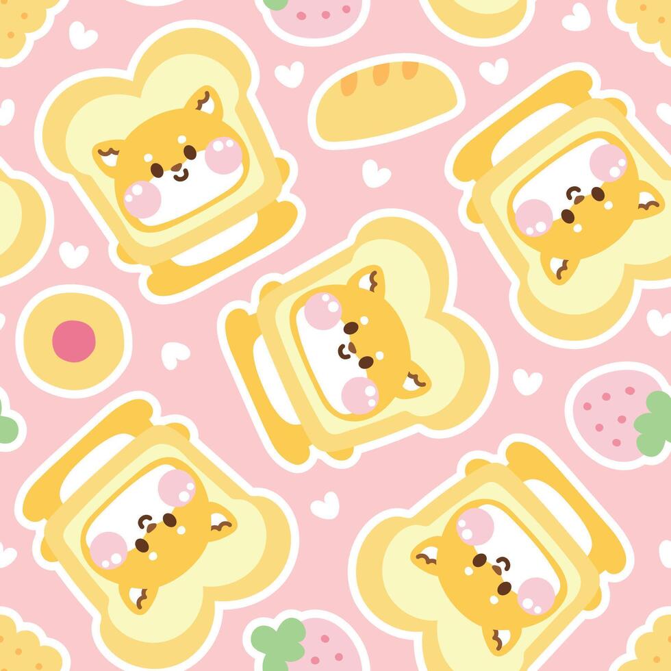 sin costura modelo de linda shiba inu perro vestir un pan forma sombrero con panadería icono fondo.japonés mascota animal personaje dibujos animados diseño.mermelada.de.fresa galletas.kawaii.vector.ilustracion. vector