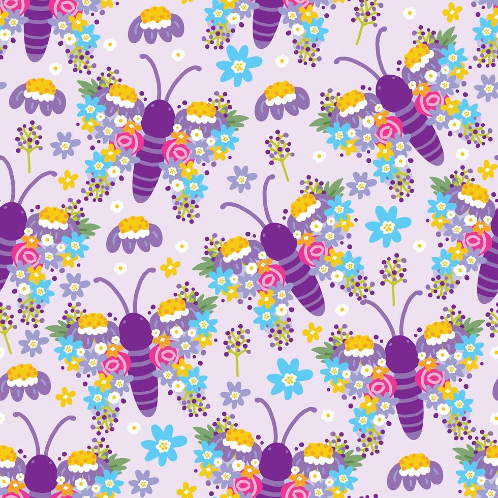Seamless pattern of cute butterflies flower wing on purple pastel background.Spring.Nature.Floral.Animal character cartoon design.Image for card,poster,wedding.Kawaii.Vector.Butterfly.Illustration. vector