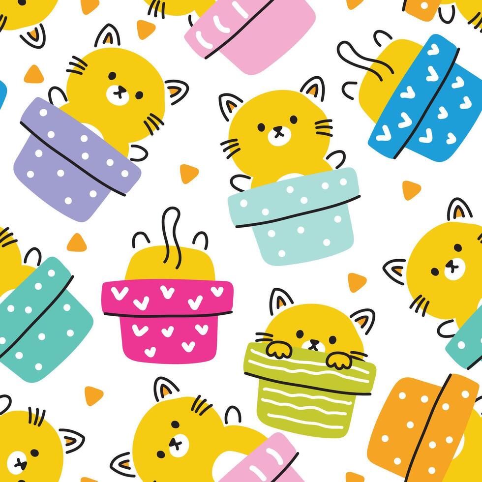 Seamless pattern of cute cat line hand drawn in pot on white background.Meow.Pet animal character cartoon design.Image for card,poster,baby clothing.Kawaii.Vector.Illustration. vector