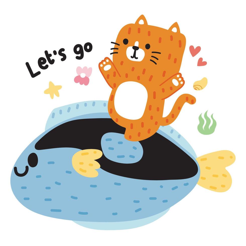 Cute orange cat soft hair sit on big fish with lets go text on white background.Sea life and pet animal character cartoon design.Marine.Ocean.Summer.Star fish,coral,seaweed.Kawaii.Vector.Illustration. vector