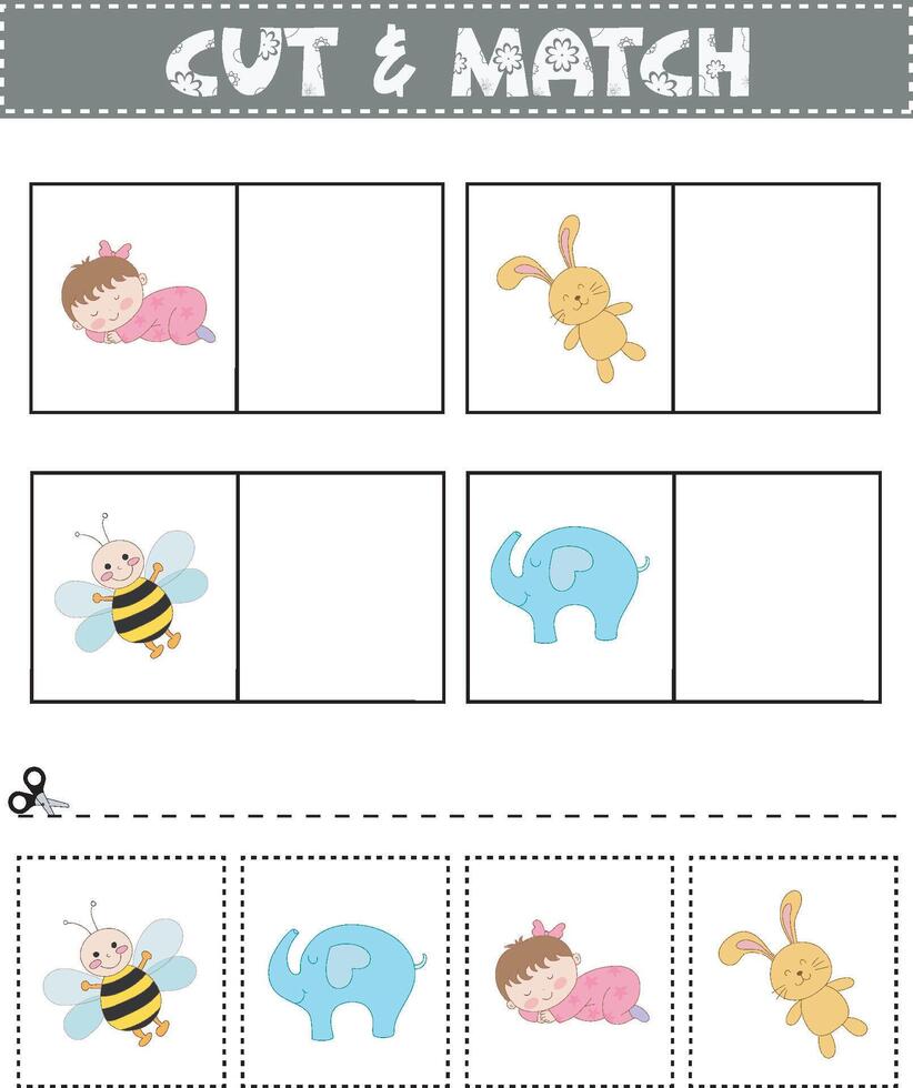 game for children to cut and match the same picture on a printable worksheet vector