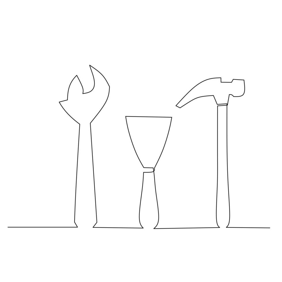 Continuous line drawing of a adjustable wrench, scraper, and hammer. Simple flat hand drawn style vector for tool in engineering and construction