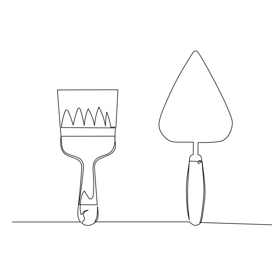 Continuous line drawing of a paint brush and plastering trowel. Simple flat hand drawn style vector for tool in engineering and construction