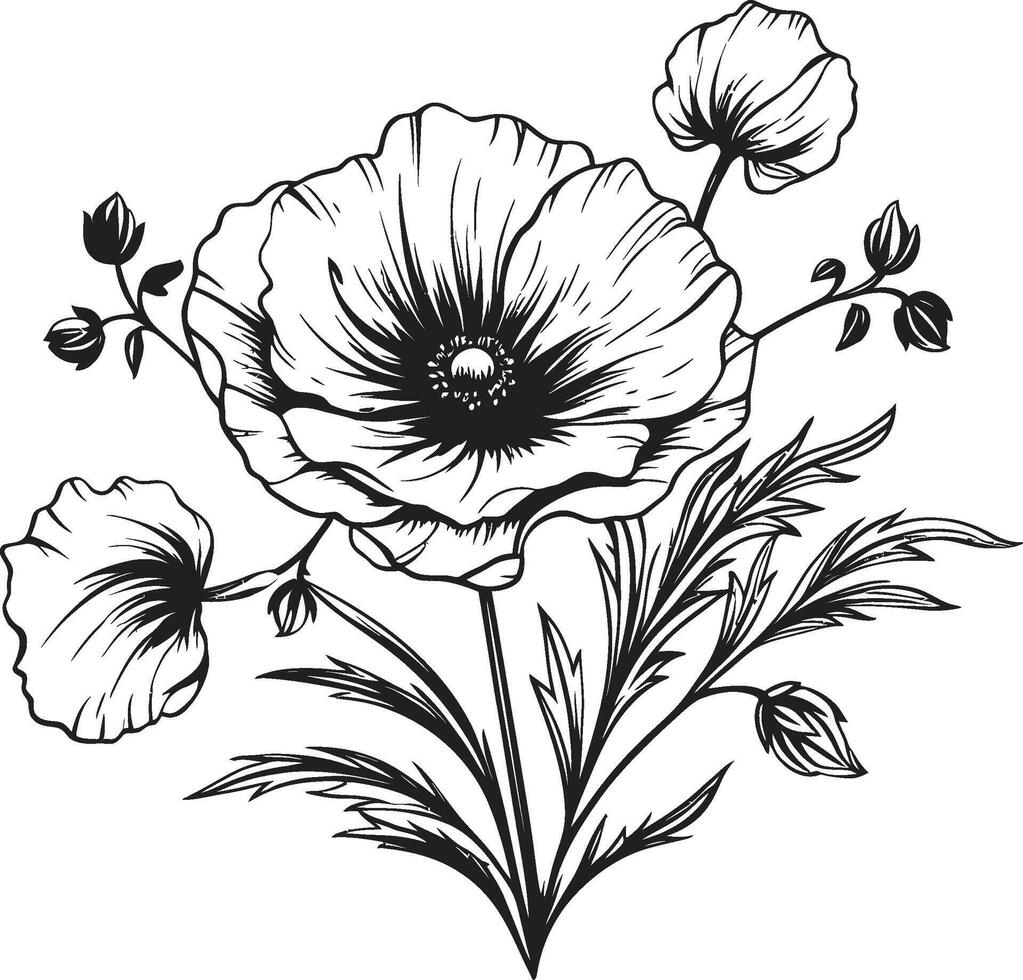 Floral Tapestry Monochromatic Emblem of Botanical Elements Petals in Noir Sleek Black Icon, Vector Floral Design