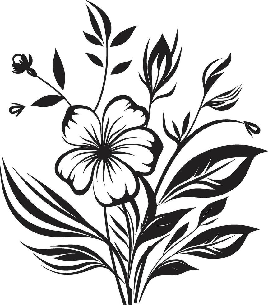 floral tapiz monocromo emblema de botánico elementos pétalos en noir pulcro negro icono, vector floral diseño