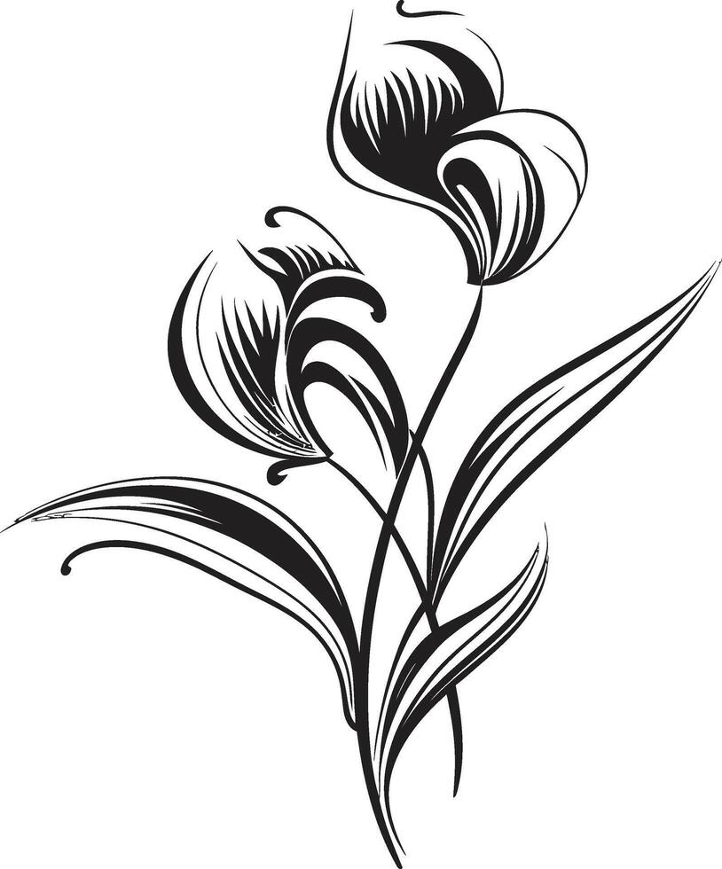 floral tapiz monocromo emblema de botánico elementos pétalos en noir pulcro negro icono, vector floral diseño
