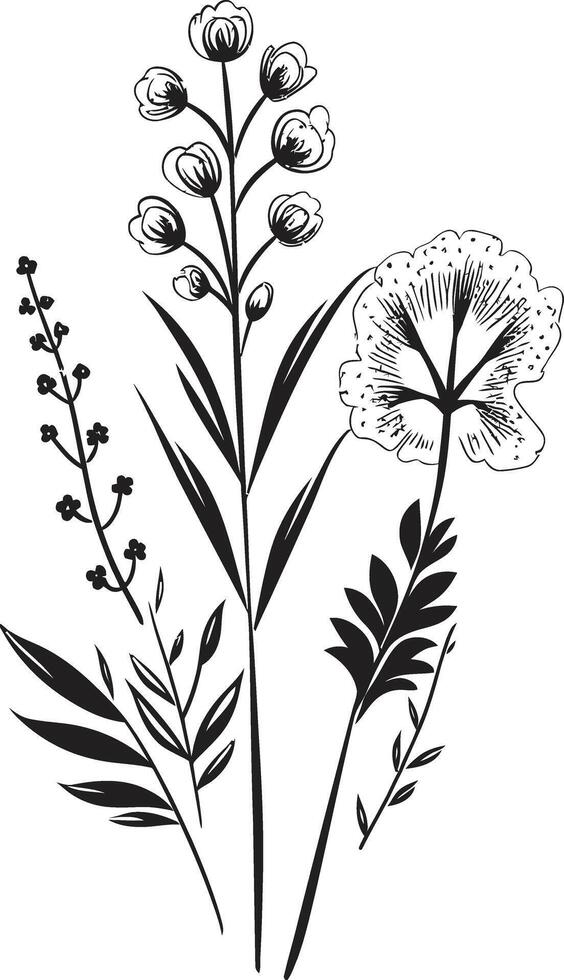 Natures Symphony Sleek Vector Logo, Black Florals Botanical Beauty Monochrome Emblem, Elegant Floral Design
