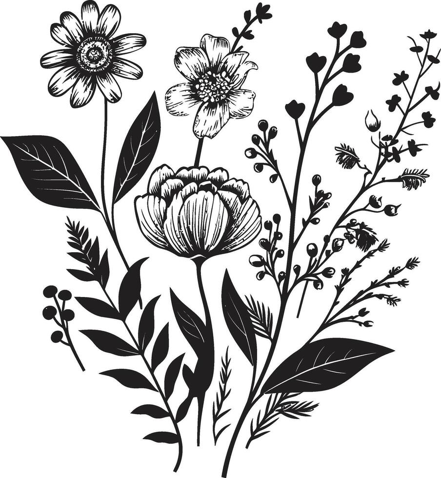 Petals in Noir Black Icon Showcasing Elegant Botanical Floral Elements Infinite Blossoms Monochrome Vector Logo with Black Botanical Florals