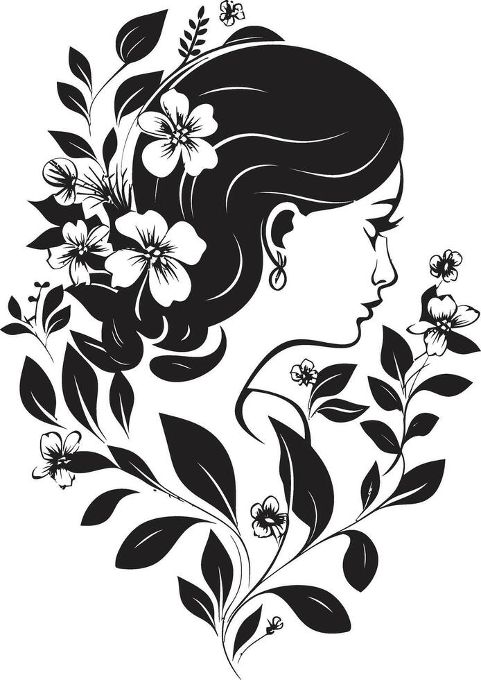 Serenity in Black Sleek Icon Featuring Botanical Floral Design Infinite Blossoms Monochromatic Emblem with Vector Logo in Black