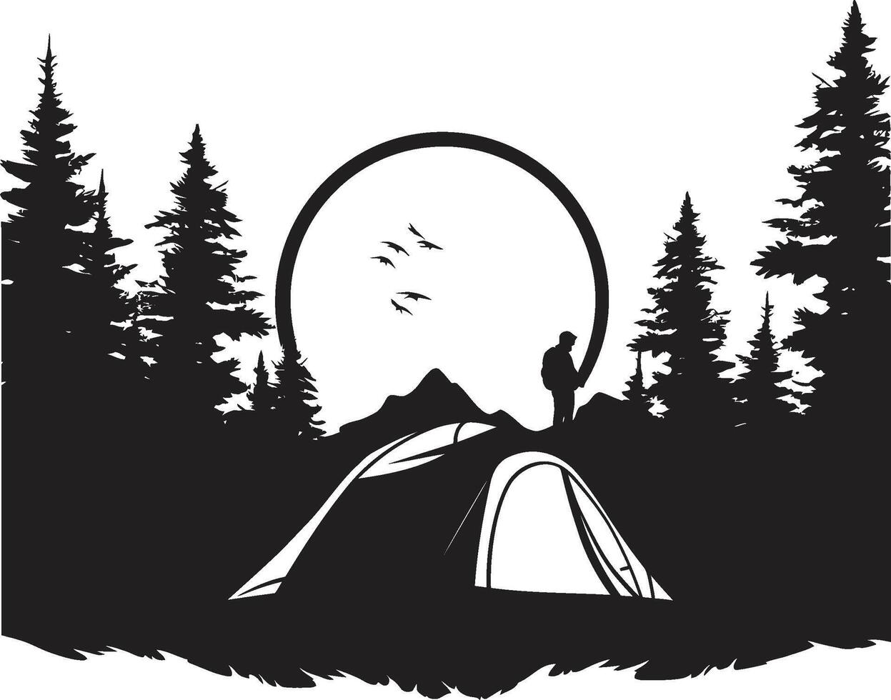 escabroso expedición pulcro negro cámping icono ilustrando naturalezas llamada serenata de el pinos monocromo emblema para Noche cámping vector