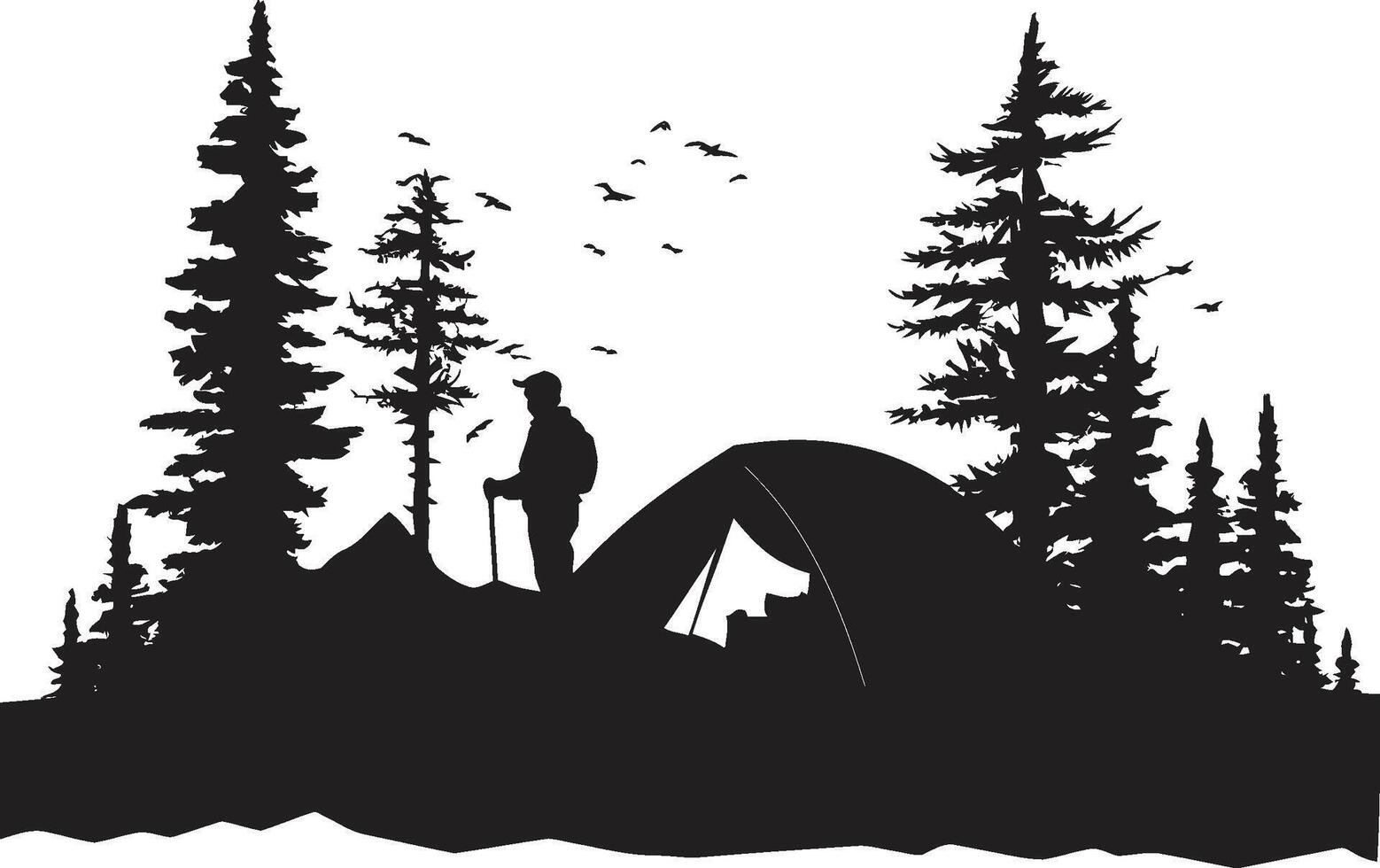 Mountain Majesty Sleek Monochromatic Emblem for Outdoor Enthusiasts Starlit Sanctuary Black Vector Camping Logo Design Icon for Nighttime Bliss