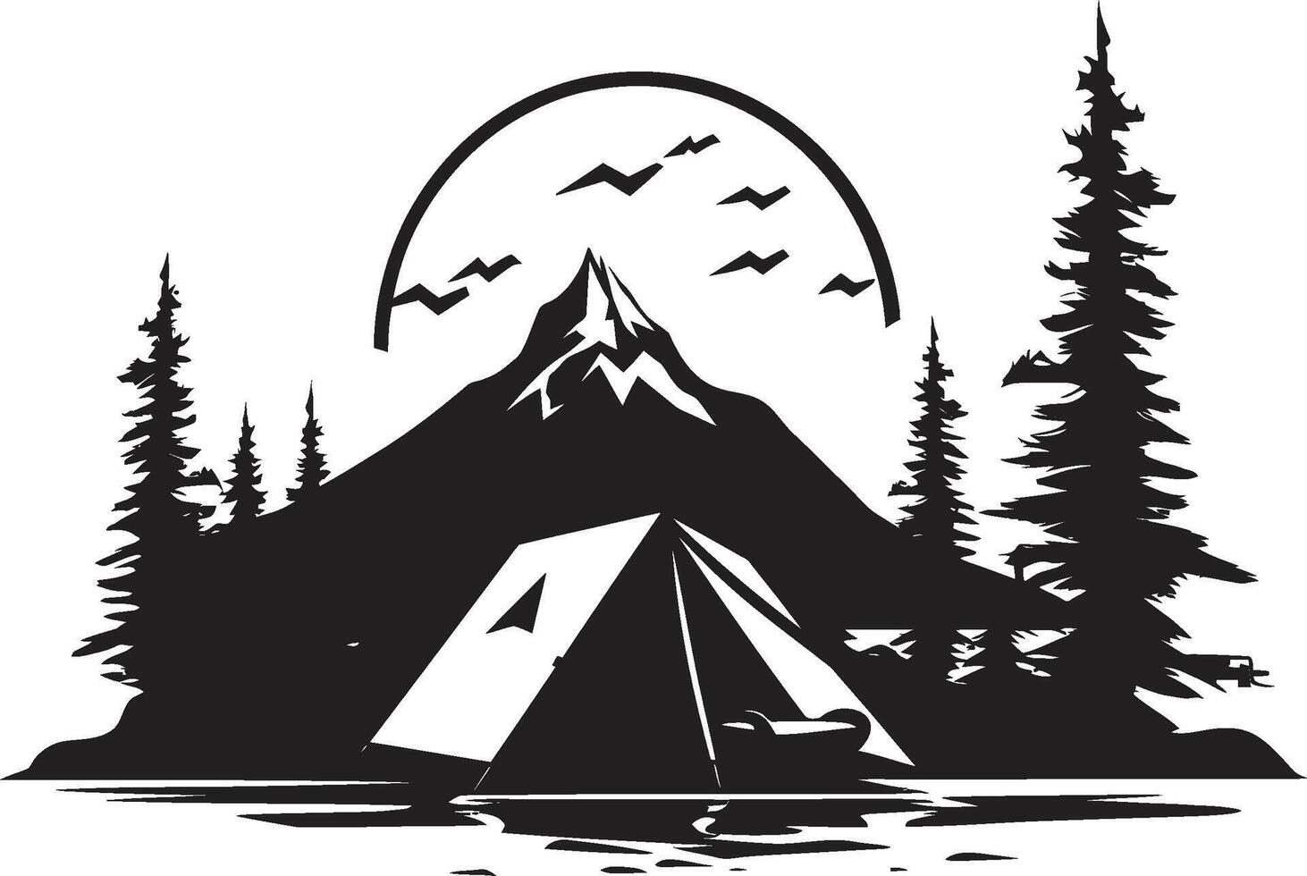 montaña majestad pulcro monocromo emblema para al aire libre entusiastas iluminado por las estrellas santuario negro vector cámping logo diseño icono para Noche felicidad