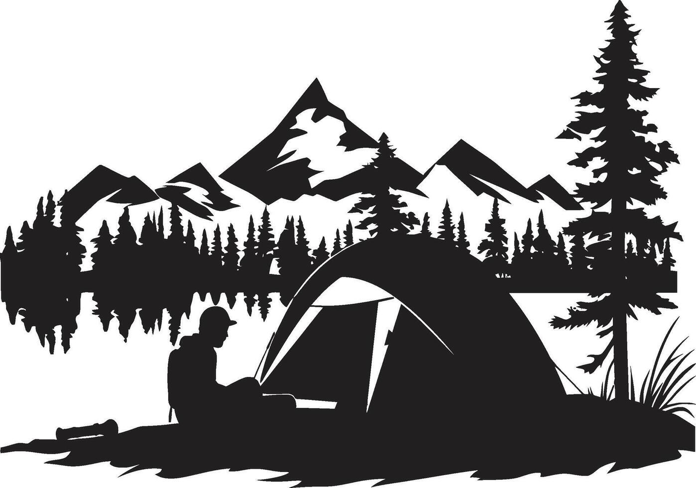 Nighttime Oasis Sleek Black Icon with Camping Vector Logo Design Woodsy Wanderer Elegant Emblem for Monochrome Camping Enthusiasts