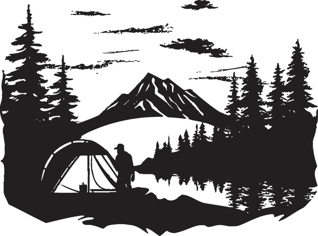 Wilderness Whispers Black Vector Logo Design Icon for Outdoor Enthusiasts Rugged Expedition Chic Camping Icon in Monochromatic Black