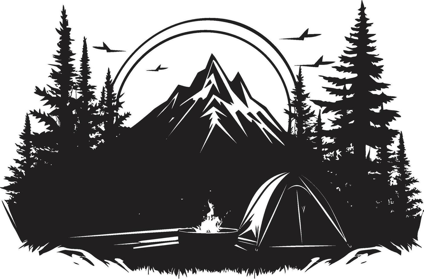 Trail Seeker Black Vector Logo Design Icon for Adventurous Campers Rustic Serenity Chic Camping Icon in Monochromatic Black