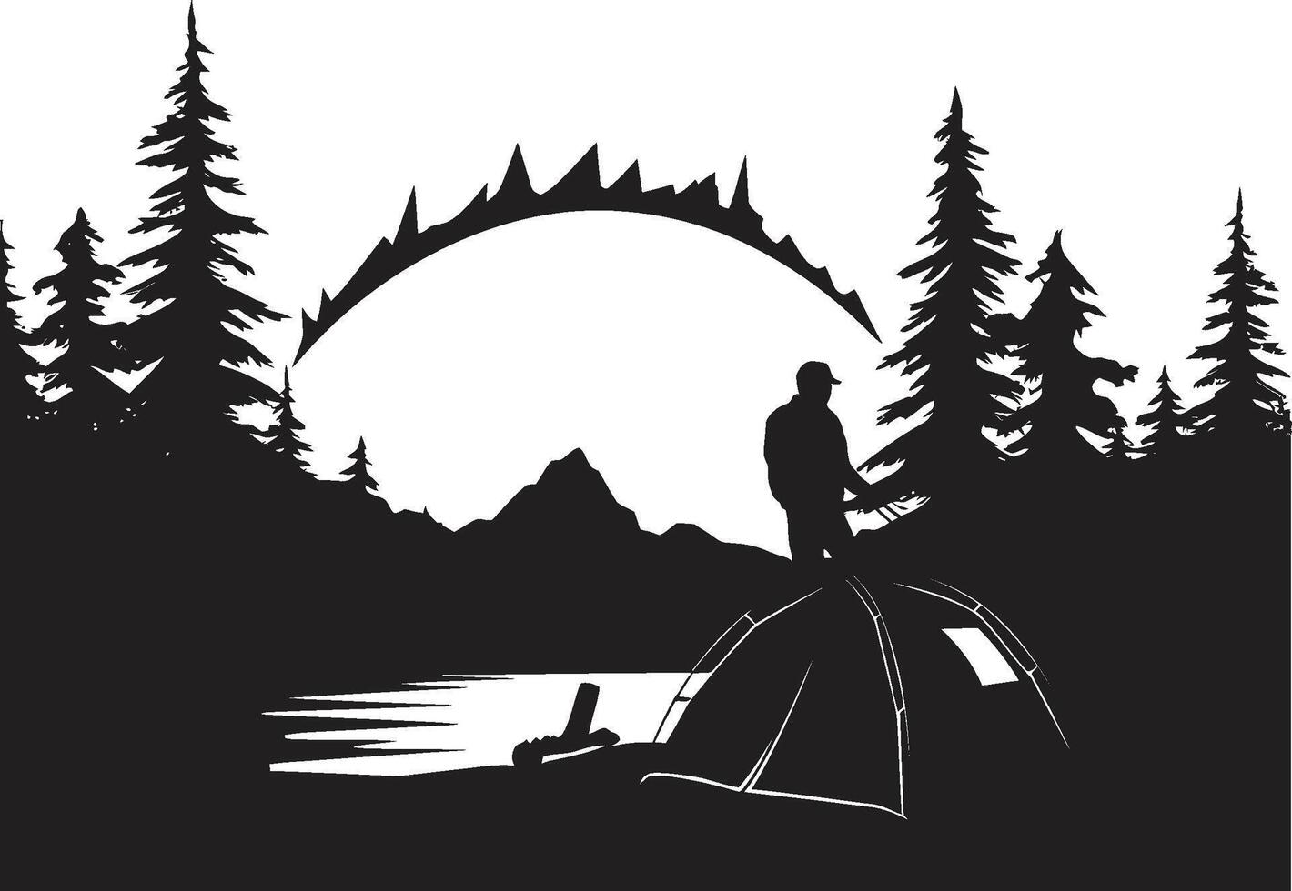 Natures Symphony Chic Camping Logo Design in Black Starlit Campsite Elegant Vector Logo for Nighttime Camping