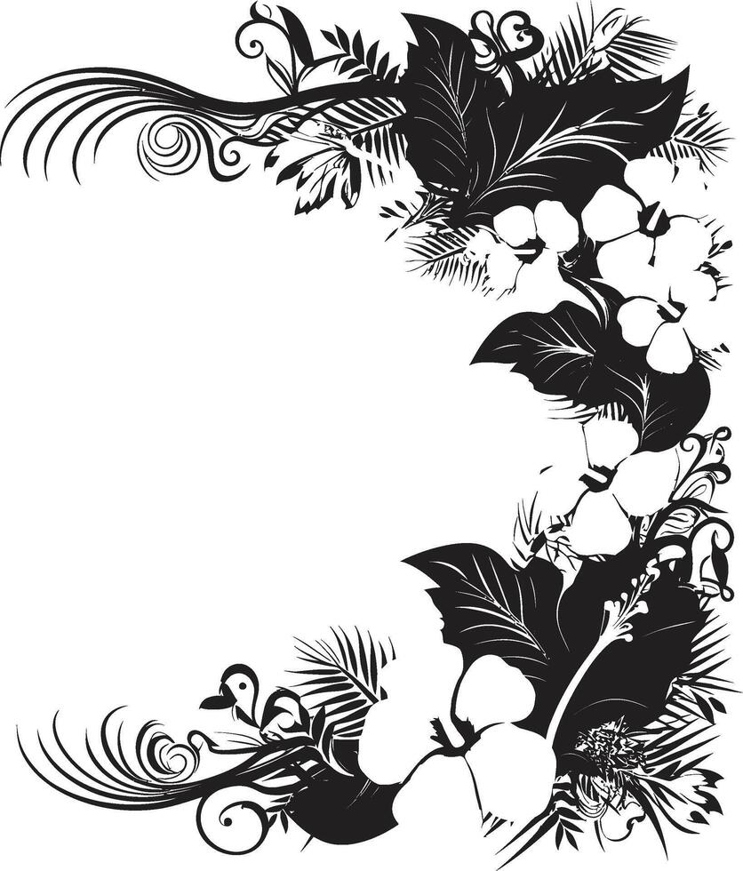 Petals of Panache Monochrome Vector Logo with Floral Corners Opulent Orchids Sleek Black Emblem Highlighting Decorative Floral Design