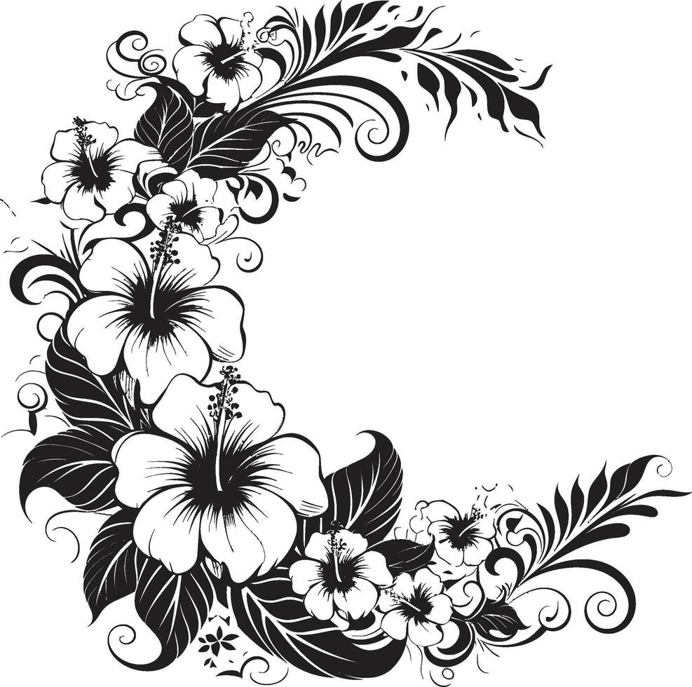 Petals in Panache Monochrome Emblem with Decorative Corners in Black Blossom Bliss Sleek Black Logo Design with Decorative Corners vector