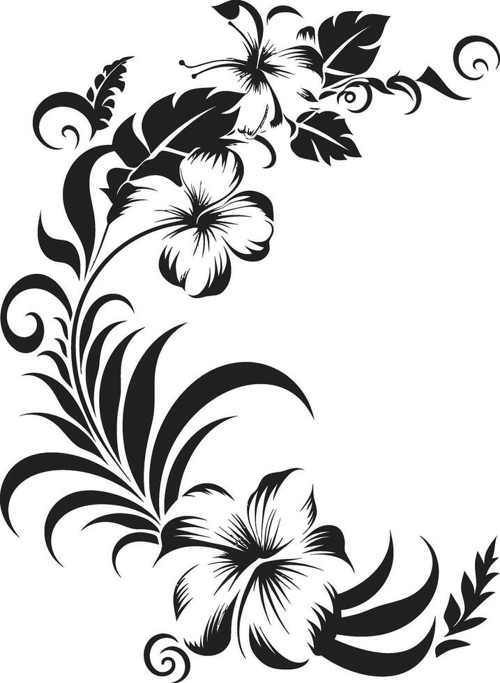 Botanic Bounty Monochrome Emblem with Decorative Corners Graceful Garland Sleek Black Icon with Decorative Floral Corners vector