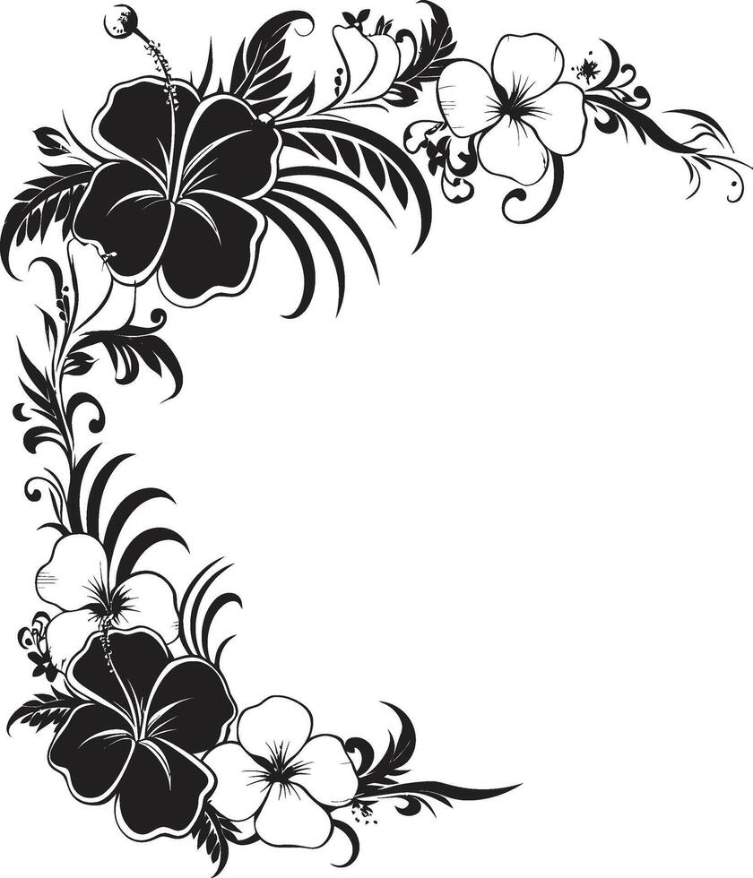 Whimsical Petals Elegant Black Emblem with Decorative Floral Design Divine Botany Monochrome Vector Logo Featuring Decorative Corners