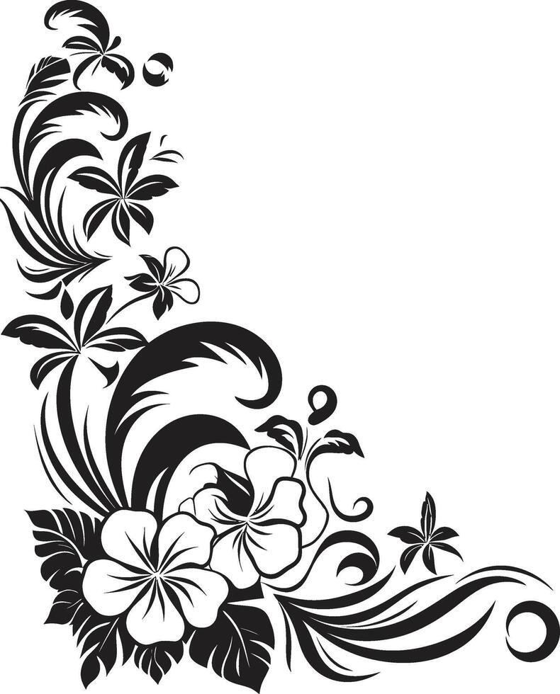 Natures Nectar Monochrome Icon with Decorative Corners in Black Petals in Panache Sleek Black Logo with Decorative Corners vector