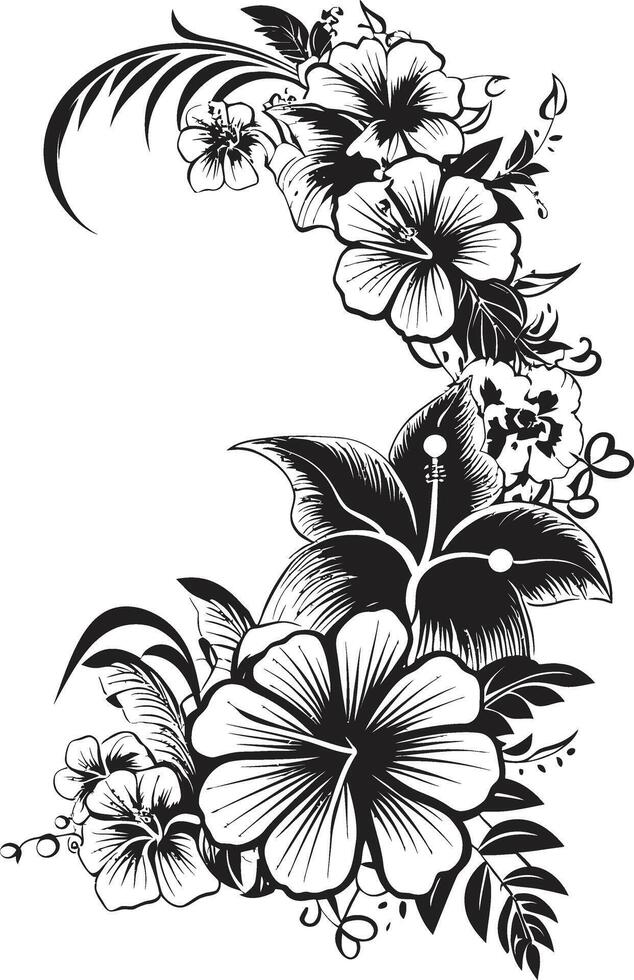 Blossom Bliss Sleek Black Icon Featuring Decorative Corners Enchanting Entwines Chic Emblem with Decorative Floral Design vector