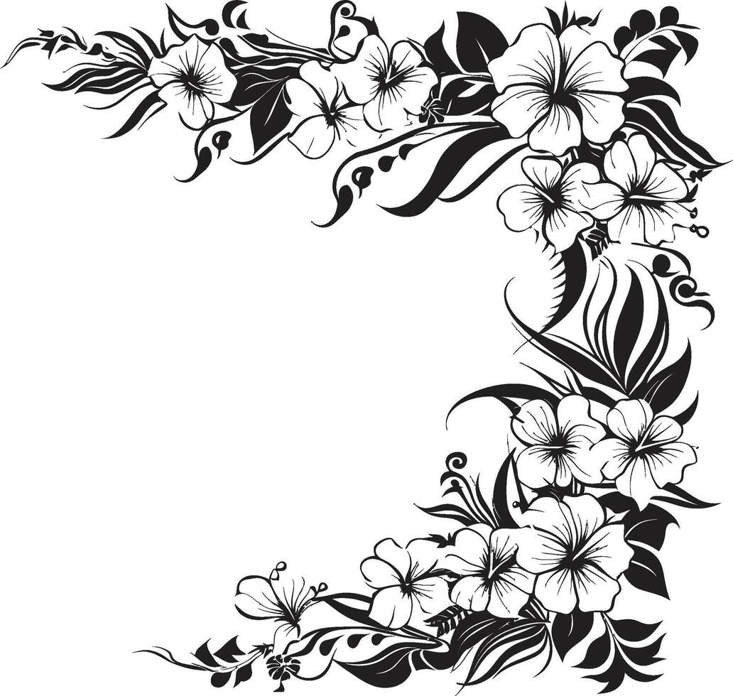 Elegance in Bloom Monochrome Emblem Featuring Decorative Floral Corners Botanic Beauty Chic Black Icon with Vector Floral Corner Design