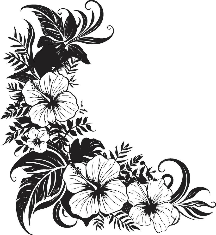 Blossom Beauty Chic Logo with Decorative Corners in Monochrome Enchanting Vines Black Vector Emblem with Decorative Floral Corners