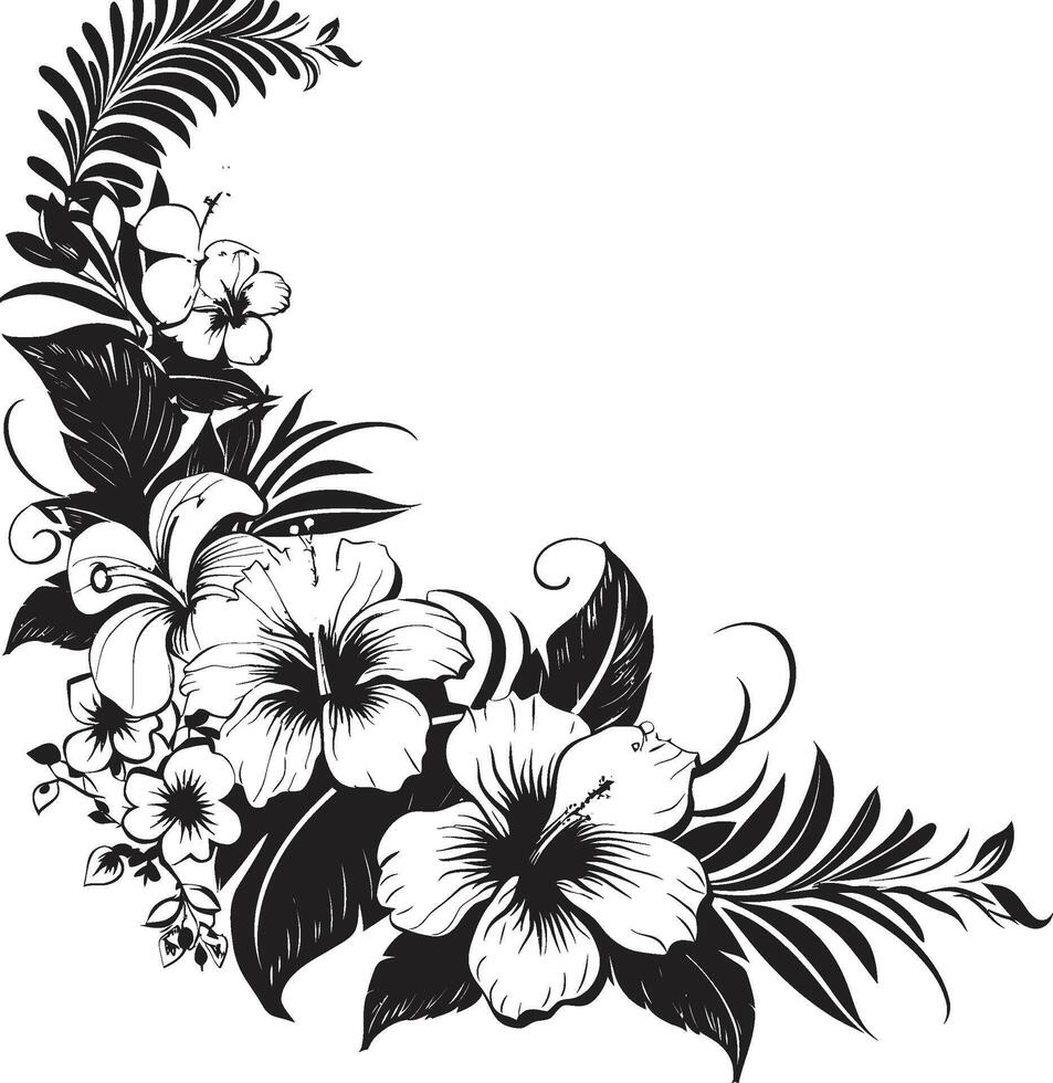 Natures Embrace Elegant Black Emblem Featuring Decorative Corners Whimsical Whorls Monochrome Vector Logo Highlighting Decorative Corners