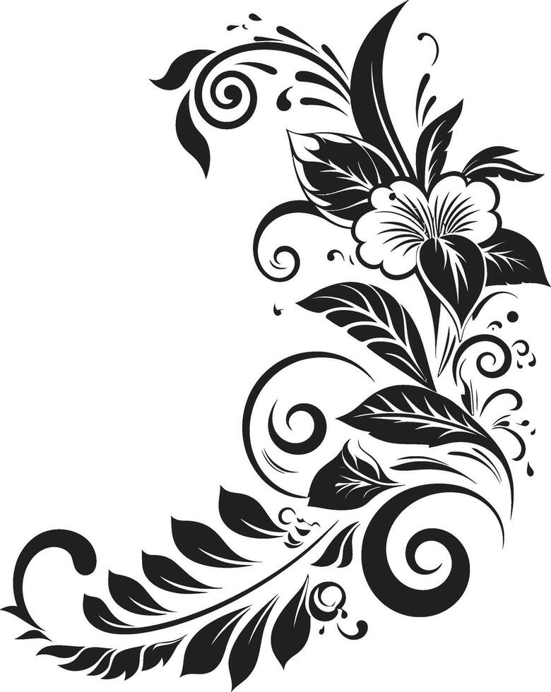 Blossom Elegance Chic Logo with Decorative Corners in Monochrome Enchanting Vines Black Vector Emblem with Decorative Floral Corners