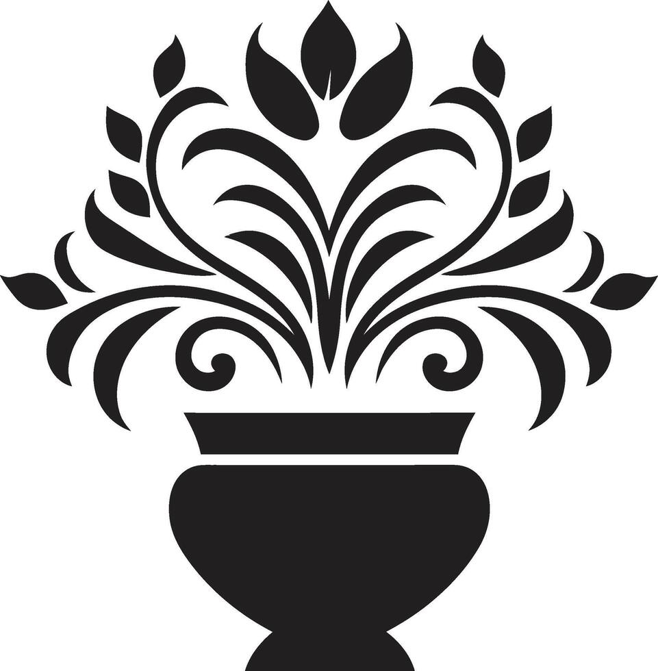 Eternal Elegance Sleek Black Logo with Decorative Plant Pot Vector Floral Fusion Monochrome Emblem Featuring Chic Plant Pot Design