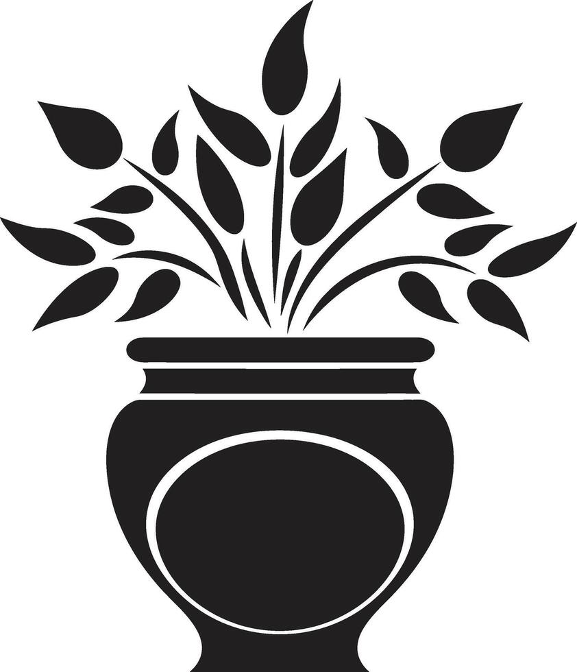 Petal Panorama Monochrome Plant Pot Logo with Stylish Elegance Organic Opulence Elegant Black Icon Featuring Decorative Plant Pot vector