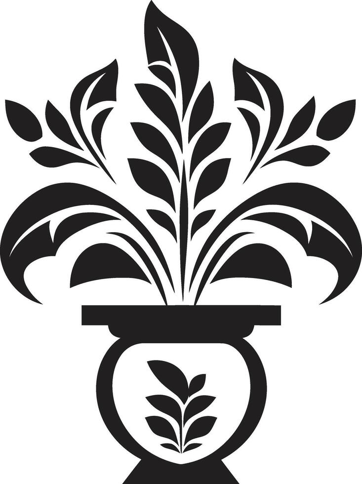 Nurtured Noir Sleek Emblem Featuring Decorative Plant Pot in Black Blossom Balance Monochrome Plant Pot Logo with Stylish Elegance vector