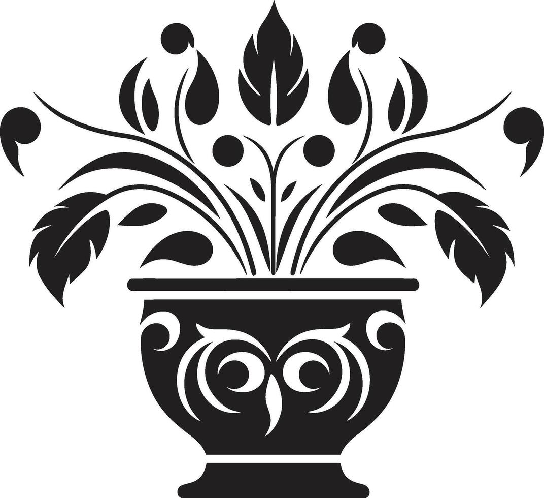 Pottery Panache Chic Black Vector Emblem Highlighting Plant Pot Green Harmony Sleek Logo Design with Decorative Plant Pot in Black