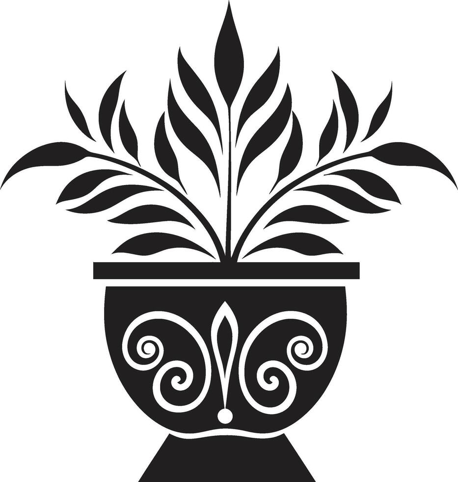 naturalezas nicho elegante decorativo planta maceta logo en monocromo cerámica estilo elegante negro vector emblema destacando planta maceta