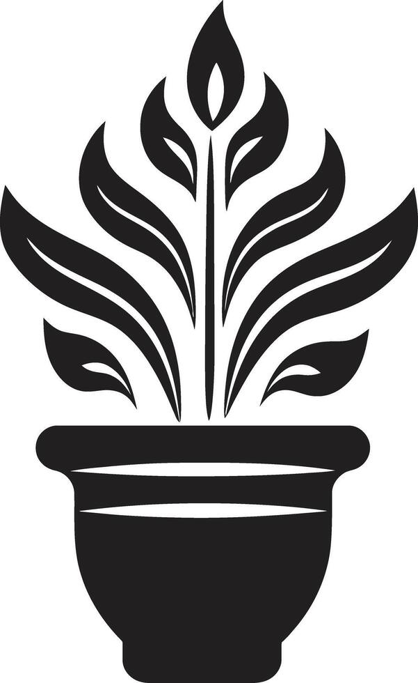 orgánico oasis elegante negro vector icono con decorativo planta maceta pétalos en cerámica pulcro negro logo con elegante planta maceta diseño