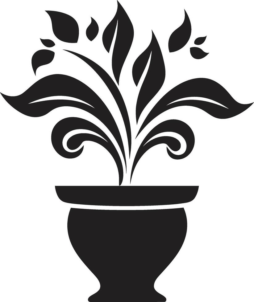Petal Presence Monochrome Emblem with Decorative Plant Pot Nurtured Noir Elegant Black Icon with Chic Vector Plant Pot