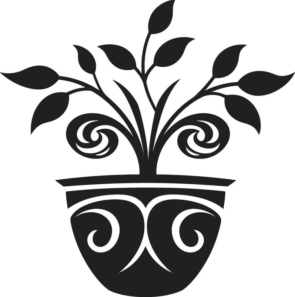 Blossom Balance Sleek Emblem Featuring Decorative Plant Pot in Black Petals in Pottery Monochrome Plant Pot Logo with Stylish Elegance vector