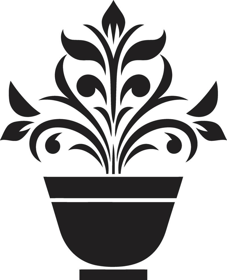 Blossom Balance Monochrome Plant Pot Logo with Stylish Elegance Organic Oasis Chic Black Vector Icon with Decorative Plant Pot